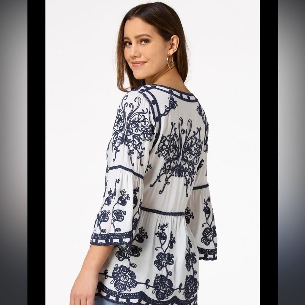 Indigo Poppy Boho Floral Embroidered Babydoll‎ Top - medium